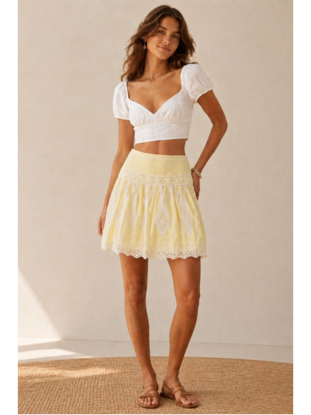 Lithe Anthropologie Yellow Eyelet Embroidered Mini Gauzy Skirt 6 Boho Garden
